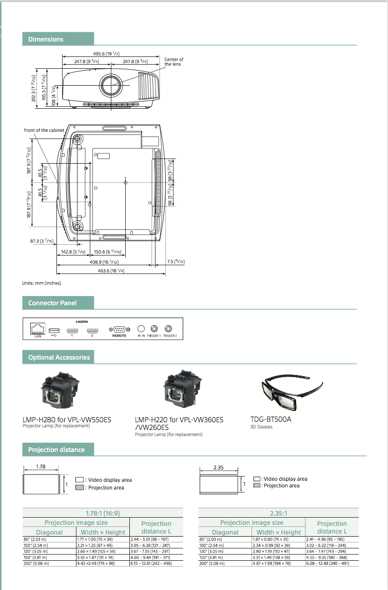 dimensions et accessoires du videoprojecteur SONY VPL-VW260ES à Lyon