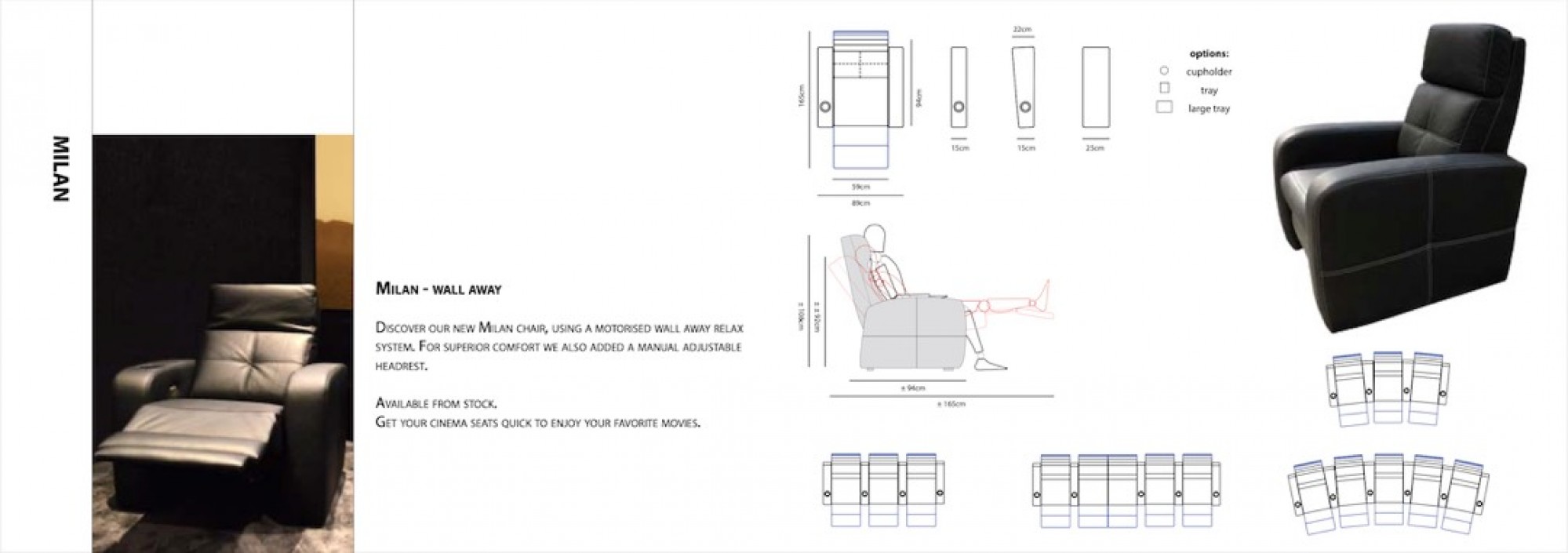 Fauteuils cinema Milan en cuir noir à Marseille